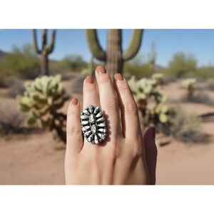 Navajo Cluster Ring Turquoise Sterling Silver Native Jewelry Sz 6.75***